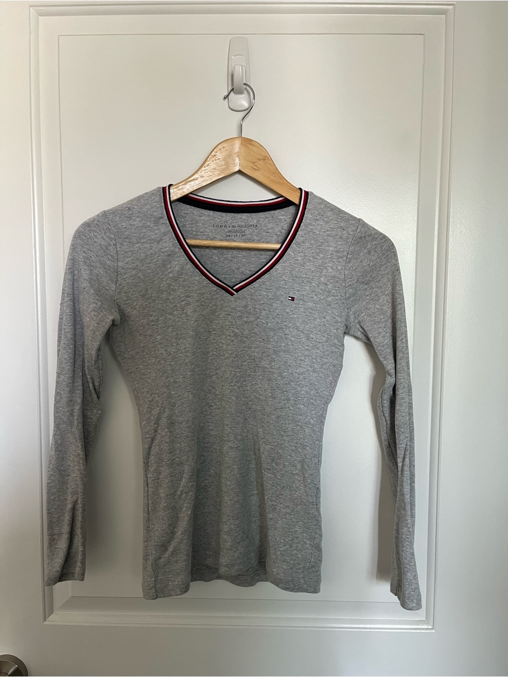 Tommy Hilfiger Grey V‑Neck Top with Red, White & Navy Trim